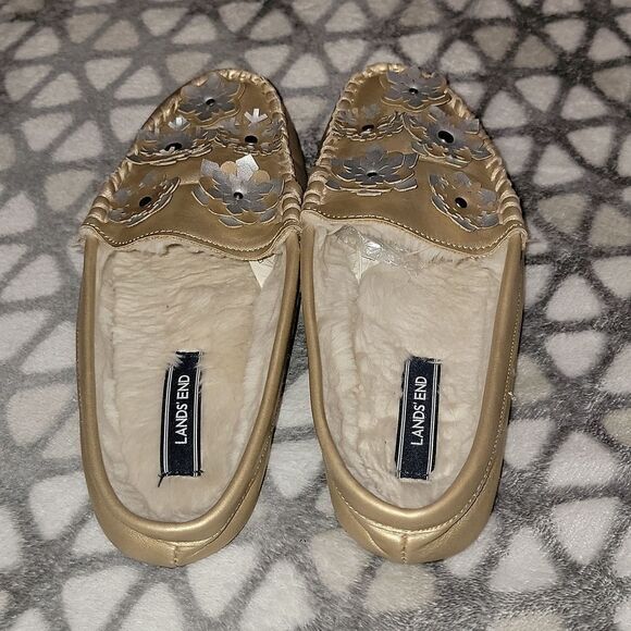 Lands End Faux Fur Lined Loafer Slip On Metallic Snowflake Slipper Shoes Size 7 - Picture 3 of 12